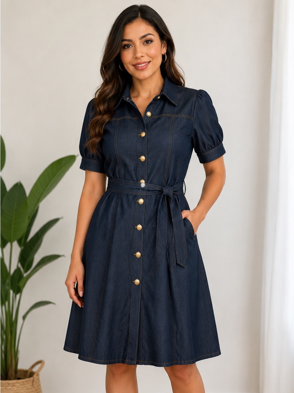 Nanette Lepore Dark Navy Denim Shirt Dress with Tie Waist